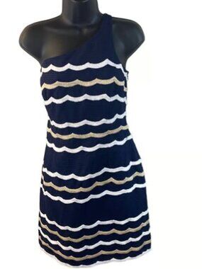 Lilly Pulitzer One Shoulder Dress Tylar Scallop Stripe Navy MSRP $298 Sz 8